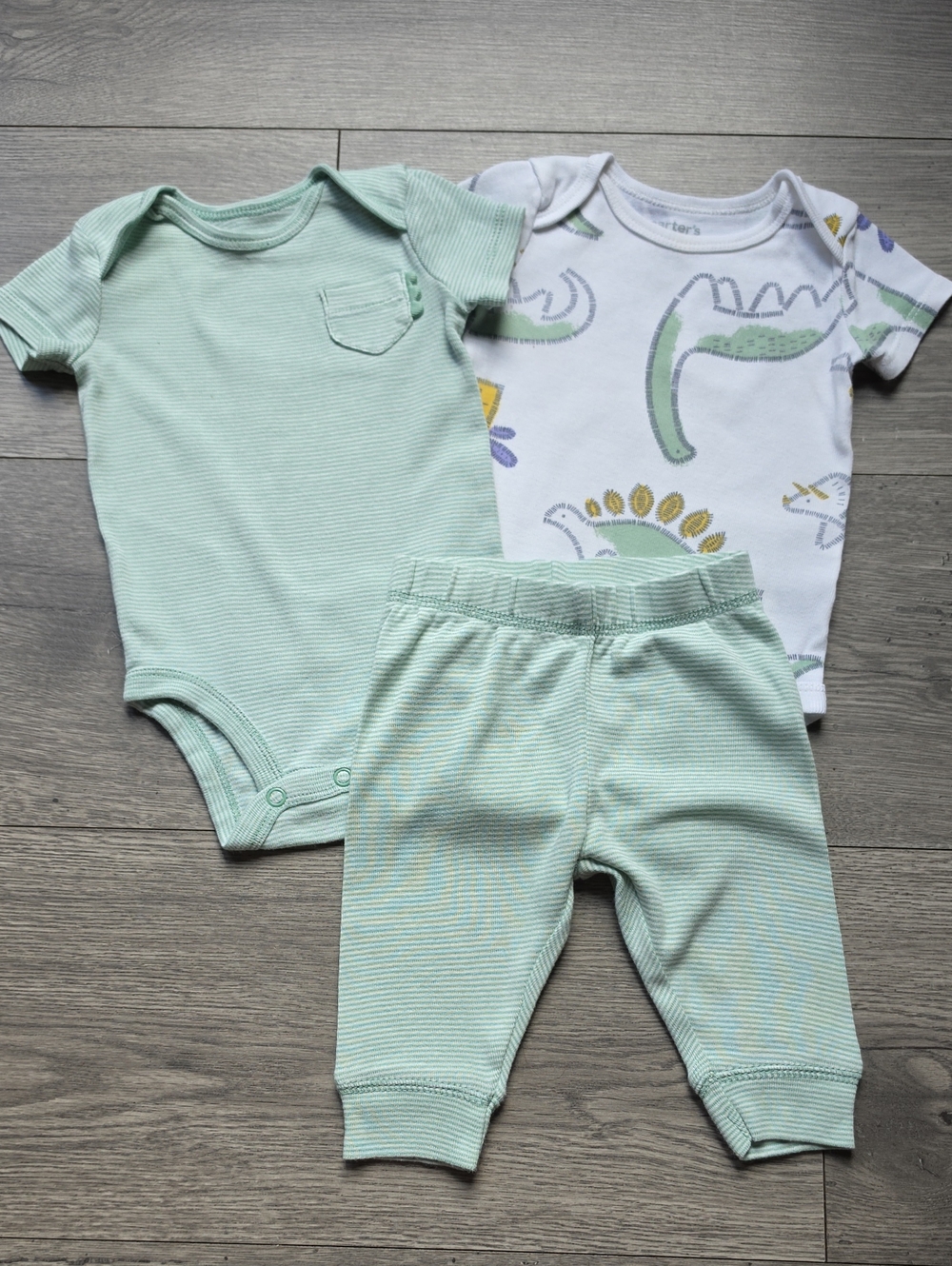 3/$6 Carter's Mint Green Stripe Bodysuit & Dino Print Set 3 Pc